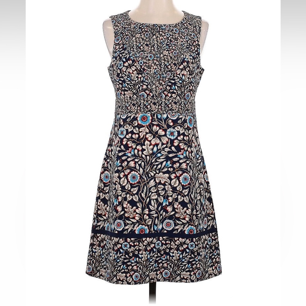 Anthropologie Navy Floral Midi Dress with Blue and Cream Accents
